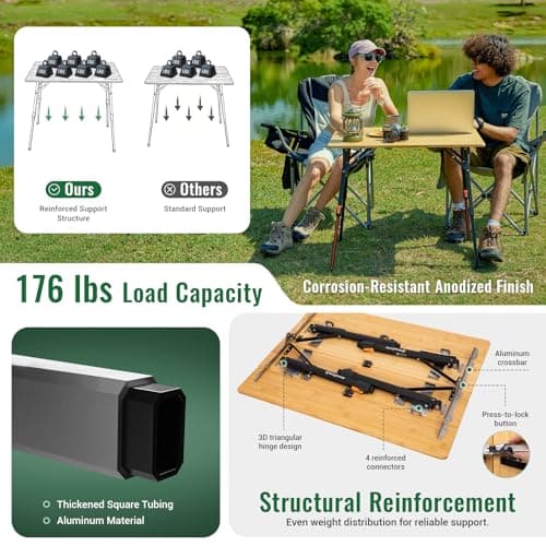 KingCamp Bamboo Folding Table, 4-Fold Camping Adjustable Height Portable Outdoor Lightweight & Compact Table with Aluminum Frame for RV Picnic BBQ Tailgating 8