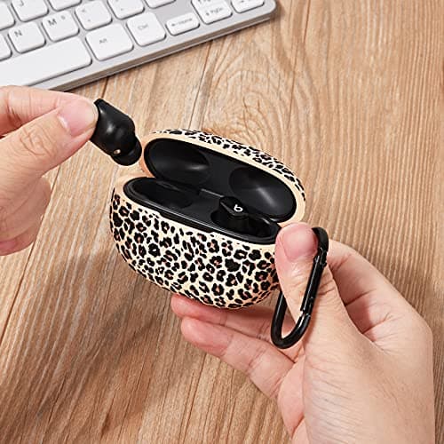 AIRSPO Case for Beats Studio Buds/Beats Studio Buds Plus Case Cover 2021/2023 Silicone Floral Printed Protective Beats Studio Buds Earbuds Headphones Case Cover Skin with Keychain (Khaki/Leopard) 6