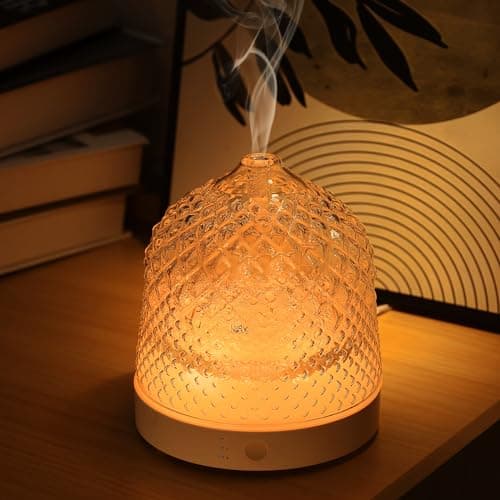 Lecdura Glass Essential Oil Diffuser, 200ml Ultrasonic Aroma Diffusers with Glass Reservoir Dome & White Plastic Base Lock Color Auto-Off Timer 7 Color Light for Home Office Bedroom Yoga