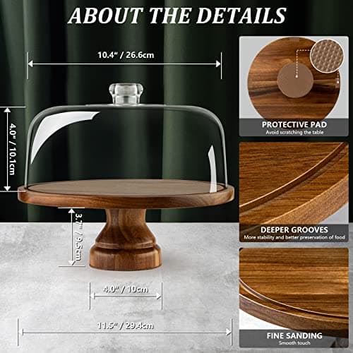 ANBOXIT Cake Stand with Dome Lid, Acacia Wood Cake Plate with Cover, Wooden Cake Display Stand with Acrylic Dome - Footed 6