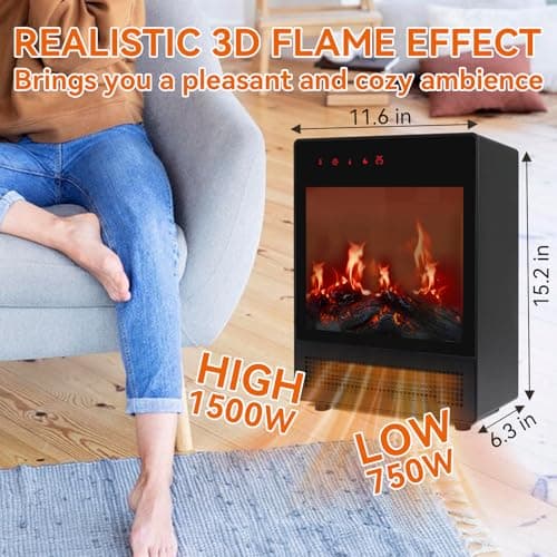 Electric Fireplace Heaters for Indoor Use, 750W/1500W Space Heater Fireplace with LED Realistic Flame & Remote, Portable Fireplace Heater for Home Office 5