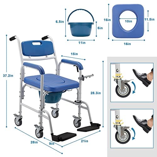 Homguava Bedside Commode Chair, 4 in 1 Shower Commode Wheelchair Rolling Transport Chair Toilet with Arms for Seniors and Disabled Weight Capacity 350lbs (Blue) 5