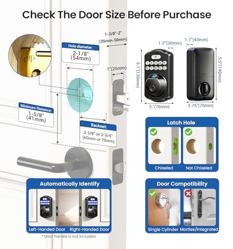 Veise KS02A Fingerprint Keyless Entry Door Lock, Auto Lock, Electronic Keypad Deadbolt for Front Door, Biometric, Anti-Peeping Password, Easy Install, Matte Black 9