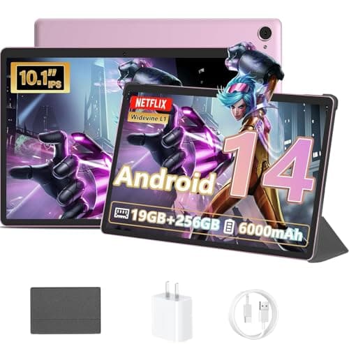 Android 14 Tablet 10.1 inch 19GB RAM + 256GB ROM 1TB Expand, 2 in 1 Tablet with Case, 1280x800 IPS HD Touchscreen, Dual Camera, 6000mAh, Powerful Performance Tablets 2025, GMS, WiFi (Pink)