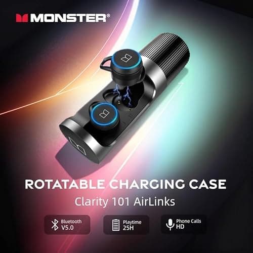 Monster Clarity 101 AirLinks Wireless Earbuds, Bluetooth 5.0 in-Ear Headphones with Charging Case, Stereo Earphones Deep Bass Sound, IPX5 Waterproof, Built-in Mic, Clear Call, Secure Fit for Sports 8
