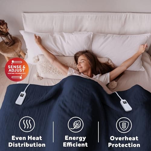 Sunbeam Royal Ultra Fleece Heated Electric Blanket King Size, 90" x 100", 12 Heat Settings, 12-Hour Selectable Auto Shut-Off, Fast Heating, Machine Washable, Warm and Cozy, Indigo 5