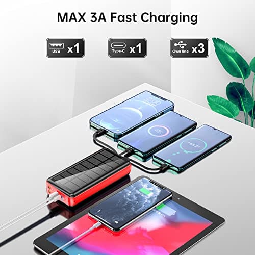 boogostore Portable Charger with Built in Cable and Wall Plug 50000mAh 22.5W Fast Charging Solar Power Bank with 5 Output & 2 Input Dual LED Flashlights Phone Holder External Battery Pack (Red) 5