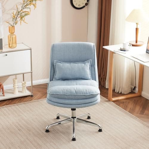VINGLI Cloud Criss Cross Legged Chair,18" High Back Armless Home Office Desk Chair no Wheel,Wide Adjustable Comfy Padded Seat Task Computer Chair,Modern Swivel Makeup Vanity Chair,Fabric,Blue 9