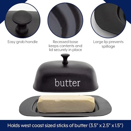 AuldHome Design Enamelware Black Butter Dish, Modern Farmhouse Style Enamelware Butter Server w/Cover 8