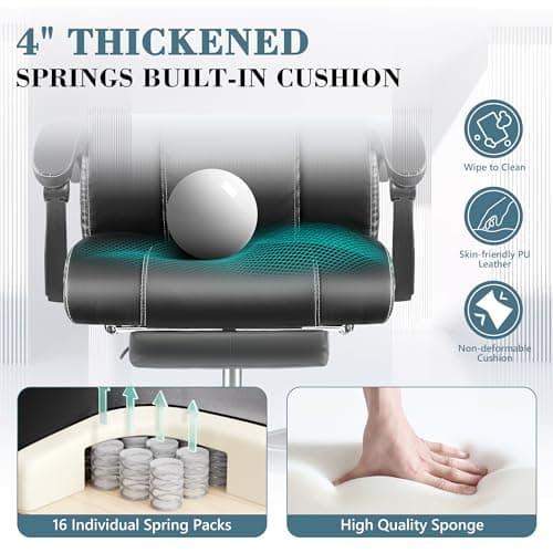 Guessky Big and Tall Office Desk Chair - Comfy Heavy Duty Reclining Executive Leather Computer Chair with Footrest - Black 5