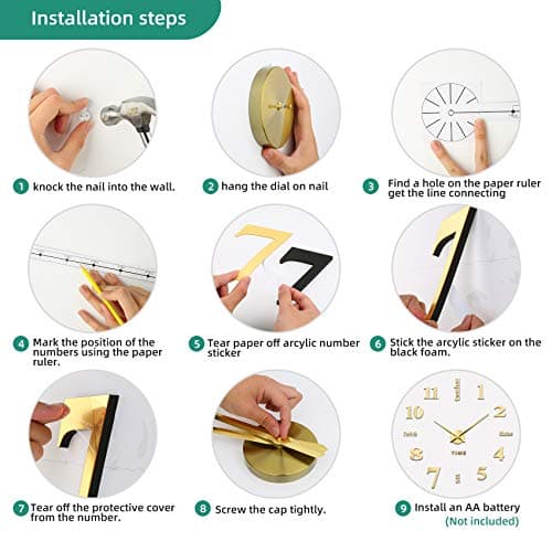 VREAONE Frameless DIY Wall Clock,Large Modern 3D Mirror Wall Clock Decor Sticker DIY Clock kit for Home Living Room Bedroom Office Wall Decorations(Gold) 6