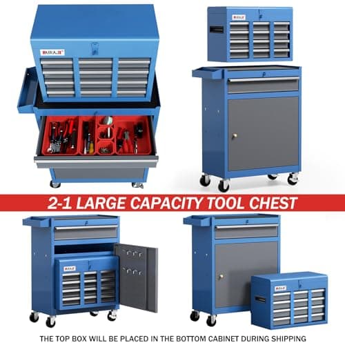 Tool Chest 7-Drawer | 40'' Large Rolling Tool Chest with Wheels | Detachable Top Metal Tool Box | Garage Storage Cabinet for Repair Room,Warehouse | Rolling Tool Box with Hooks,Liners,Tray Divider 4