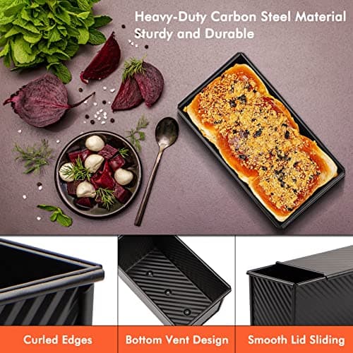 Beasea Pullman Loaf Pan with Lid, 2 Pack 1 lb Non-Stick Black Bread Loaf Pans for Homemade Bread Carbon Steel Toast Box with Cover for Bakeware Toast Oven Baking 5