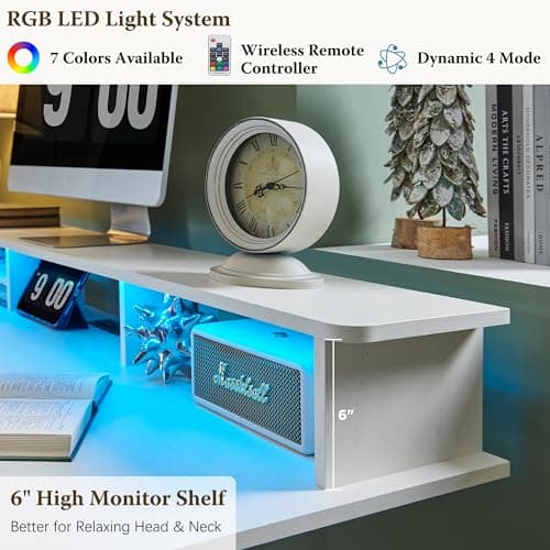 OKD 48" Electric Standing Desk Adjustable Height, Sit Stand Up Desk with Keyboard Tray, Power Outlets, LED Lights & Monitor Shelf - Ergonomic Desks for Home Office, Work & Gaming, Antique White 5