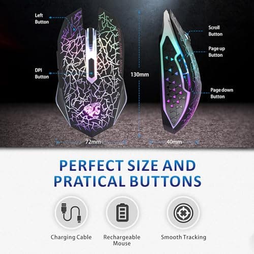 TENMOS M2 Wireless Gaming Mouse, Silent Rechargeable Optical USB Computer Mice Wireless with 7 Color LED Light, Ergonomic Design, 3 Adjustable DPI Compatible with Laptop/PC/Notebook, 6 Buttons (Black) 6