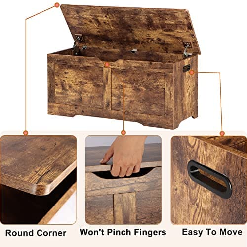 Timberer 39.4" Storage Chest, Wooden Storage Bench, Lift Top Toy Chest with 2 Safety Hinges, Large Toy Box, Entryway Bench for Living Room, Bedroom, Rustic Brown 7