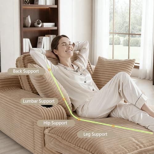 67" Oversized Chaise Lounge Chair Indoor, Soft Boneless Cloud Couch with 3 Pillows, 4 Side Pockets and 2 Cup Holders, Comfy Corduroy Sleeper Couch for Living Room Bedroom 5
