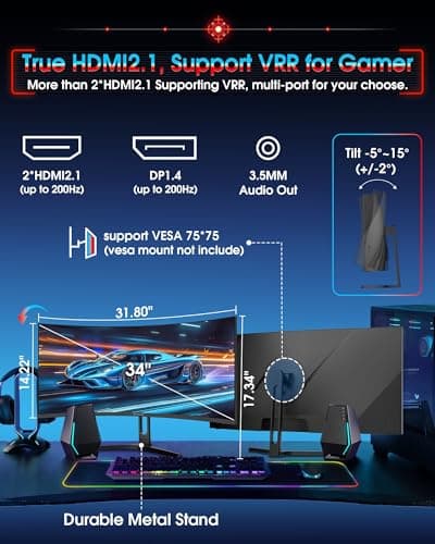 SANSUI 34 Inch UWQHD 200HZ Curved Gaming Monitor, FastVA 3440x1440P Ultrawide 1500R Curved Gaming Computer Monitor 21:9 with PIP PBP, AI Tech Enhance, 2xHDMI2.1 DP1.4 Ports(HDMI2.1 Cable Incl.) 9