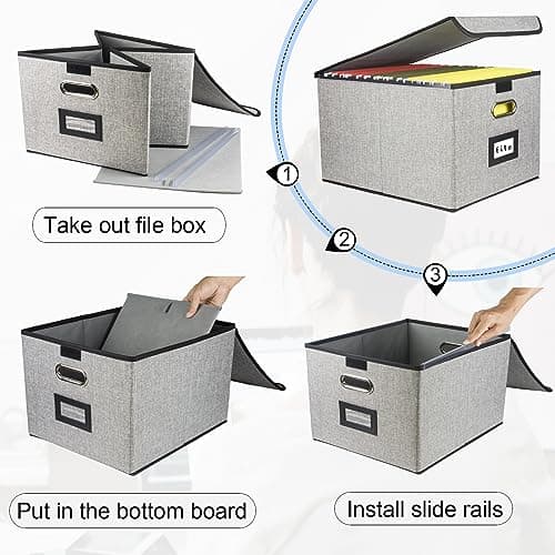 Desihum Collapsible File Organizer Box, filing Storage boxes for hanging files with lid, Linen Portable file folder box with handle, Decorative Document Storage Bins for Office/Home/School (Grey) 5