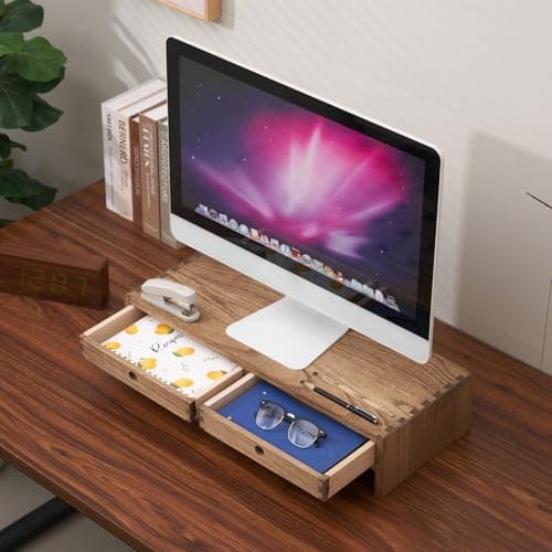 KIRIGEN Wood Monitor Stand with 2 Drawers - Computer Arm Riser Desk Storage Organizer,Speaker TV Laptop Printer Stand with Pen Slot and Cable Management,Dark Brown Desktop Shelf for Office DBR-2PMJ 7