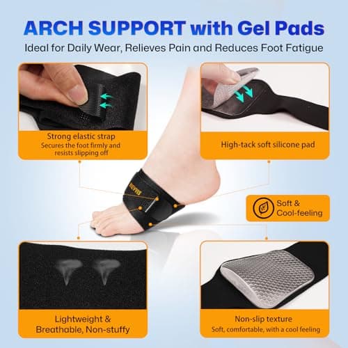NEVVIS Arch Support Braces with Replaceable Gel Pads, Adjustable Orthotic Arch Support for Women Men, Relief for Plantar Fasciitis, High Arch, Flat Feet, Foot Fatigue, Arch Pain, 4 Pads with 2 Heights 5