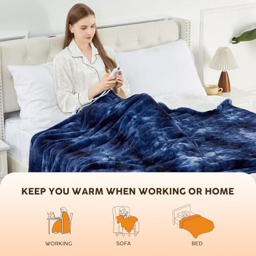 HYLEORY Faux Fur Heated Throw BlanketElectric - Soft Thick Flannel Heating Blanket with 5 Heat Levels & Auto-Off 3 Hrs, Heavy Fluffy Warm Bed Blankets for Winter, 50''x60'', Navy 5