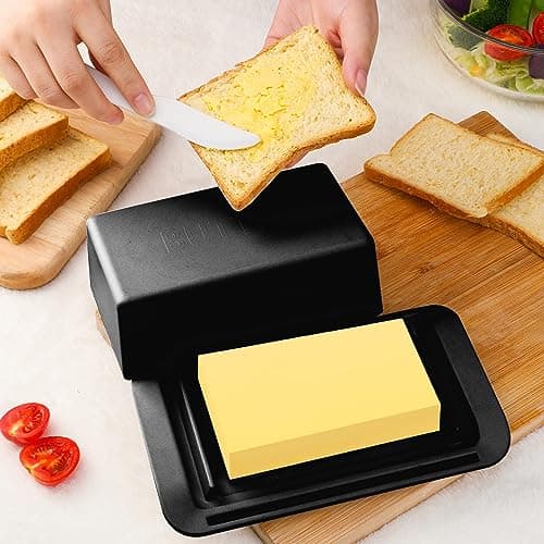 Bamboo Butter Dish with Lid,Knife,Large Butter Keeper for Countertop and Fridge,Holder Container for 2 Sticks East Coast/West Coast/European Style/Kerrygold Butter,Dishwasher Safe,Black 7
