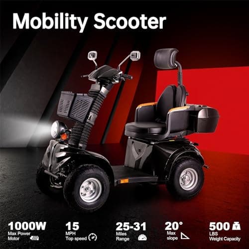 Heavy Duty Mobility Scooters for Seniors & Adults 500lbs Capacity - Electric Powered Mobility Cart - 1000W All Terrain Recreational Mobility Scooter for Travel 5