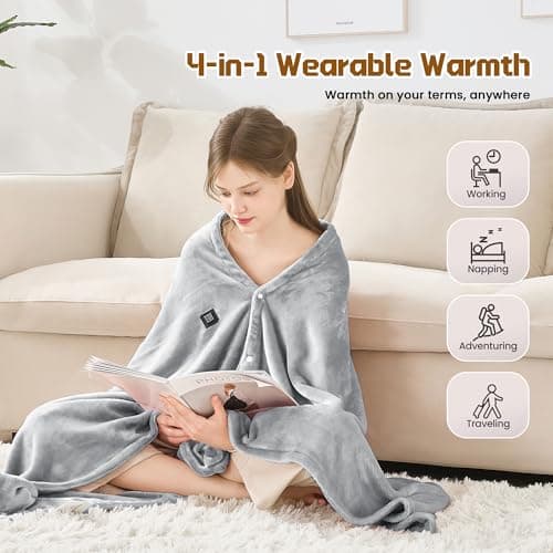 MAXEVE Heated Blanket Cordless Electric Wearable Blanket with 10000mAh Power Bank, USB Heating Throw Blanket, Fleece Throws Women Men Heating Hoodie for Indoor Outdoor, Camping Machine Washable, Grey 7