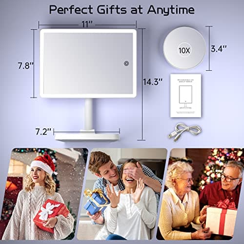 FUNTOUCH Large Makeup Vanity Mirror with Lights, Rechargeable Lighted Desk Makeup Mirror with 96 LED Lights and 10x Magnifying Mirror, 3 Color Lighting, Light up Make up Mirror with Phone Holder 6