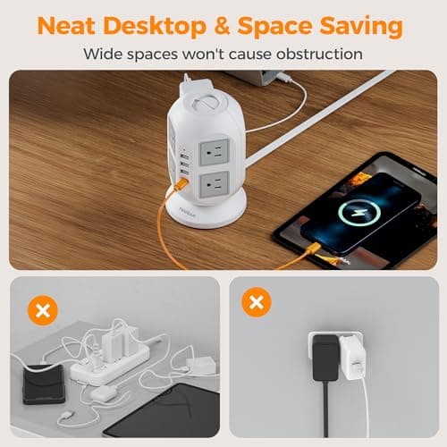 TESSAN Tower Surge Protector Power Strip 10 ft, Long Flat Extension Cord with Multiple Outlets, 8 AC Outlets with 4 USB Ports (1 USB C), Charging Station with Surge Protection, for Home Office Dorm 8