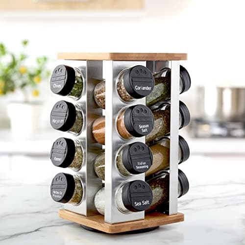 Kamenstein 16 Jar Warner Revolving Countertop Spice Rack Organizer with Lift & Pour Caps and Spices Included, FREE Spice Refills for 5 years, Stainless Steel & Bamboo with Black Caps 3