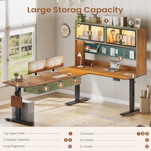 SEDETA 68.9" Standing L Shaped Gaming Desk, Office Computer Desk with Storage Hutch and Drawers, Stand Up Corner Desk with Pegboard & Led Lights for Home Office, Rustic Brown 5
