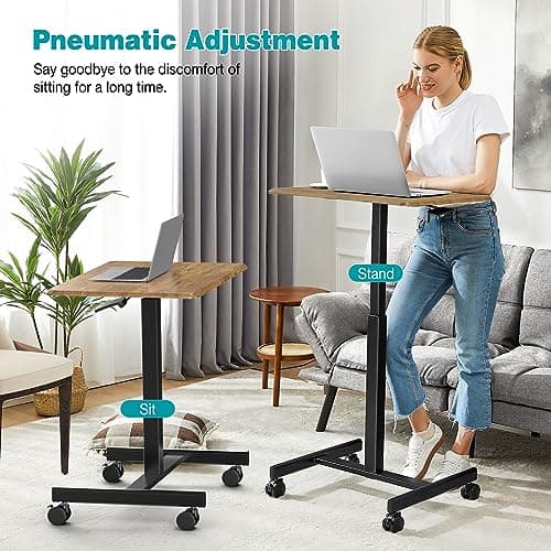DUMOS Small Standing Desk Mobile Portable Rolling Laptop PC Table on Wheels Adjustable Height Computer Workstation for Home Office, 19 Inch, Modern Brown 4
