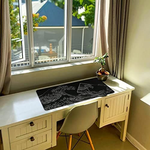 iCasso Mousepad, Gaming Mouse Pad, XXL Large Desk Mat, Big Rubber Base Mouse Mat with Stitched Edges, Computer Keyboard Desk Pad for Work, Game, Office, Home - Black Wave of Kanagawa 9