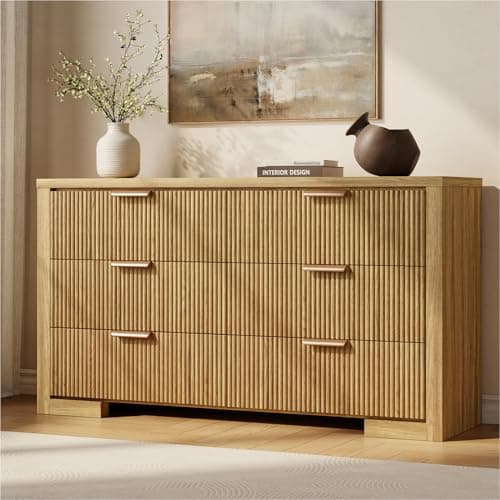 HOTALLOY Fluted 6 Drawers Dresser for Bedroom, 54" Modern Chest of Drawers with Metal Handle, Wood Closet Clothes Storage Organizer for Living Room, Hallway, Entryway, Natural Oak