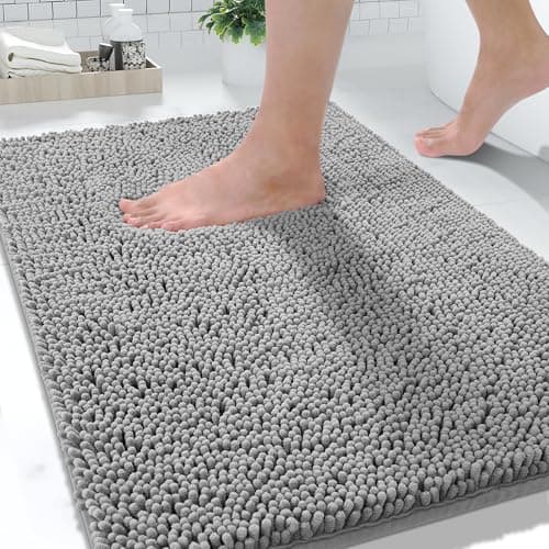 Yimobra Washable Bathroom Rugs, Super Soft & Absorbent Chenille Bath Mat for Floor & Carpet, Quick Dry Non Slip Bath Mat for Tub Shower, 24" x 17",Grey