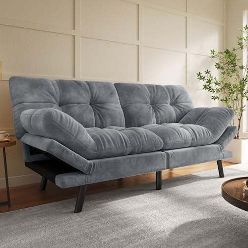 YITAHOME 70″ Convertible Futon Sofa Bed, Cat-Scratch-Proof Fabric Futon Couch with Adjustable Backrest and Armrest, Modern Loveseat Sleeper for Living Room Home Office, Dark Grey