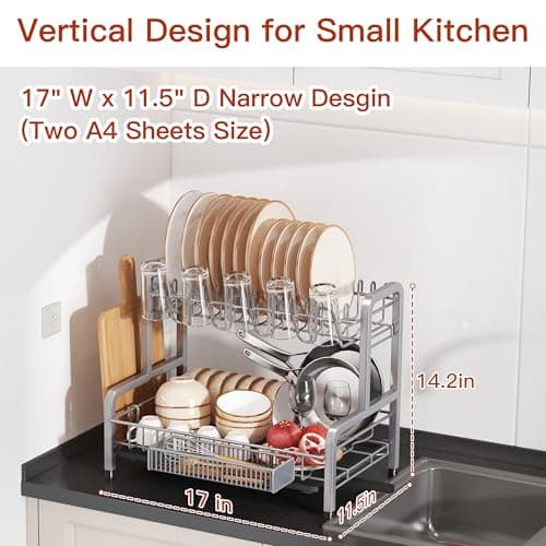 2 Tier Dish Drainers Drying Rack for Kitchen Counter Large Stainless Steel Dishes Drain with Drainboard, Space Saving, Big Modern Silver Countertop Metal Plates Dryer Strainer Holder and Extra Tray 5