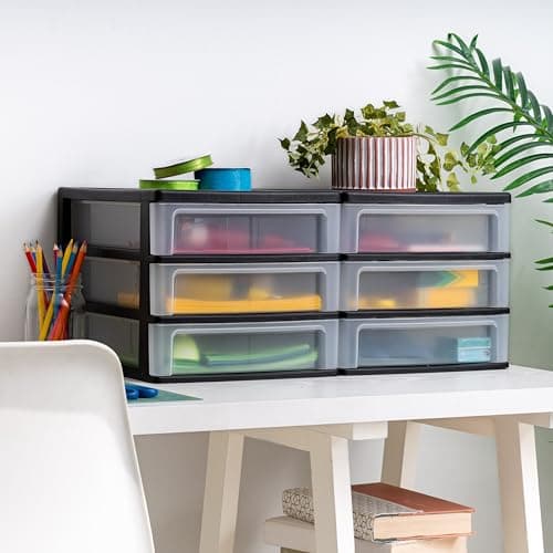 IRIS USA Plastic Stacking Desk Top 3-Drawer Storage Organizer, 2-Pack, for Makeup Vanity Nail Polish Bathroom Stationery Art Craft Supplies Kitchen Office Garage and Small Organization, Medium, Black 6