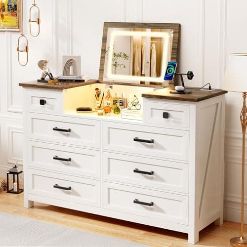 MIIFUNY Dresser with Mirror for Bedroom, 8 Drawer Dresser with Charging Station, Farmhouse Chest of Drawers for Bedroom, Hallway, Kids Room, White