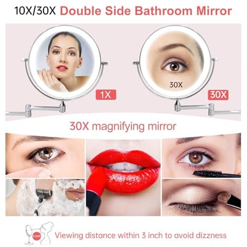 FUNTOUCH 5000mAh Rechargeable Wall Mounted Lighted Makeup Vanity Mirrors, Double Sided 1X 30X Magnifying, 3 Color Lighting, Touch Screen Dimming, Extended Arm 360 Rotation Shaving Bathroom Mirror 5
