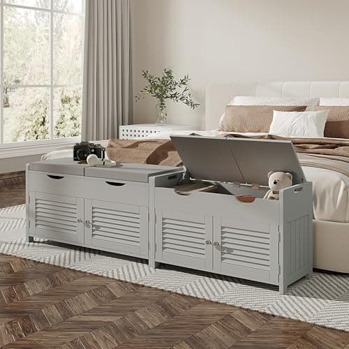 ChooChoo Shoe Storage Bench with Lift Top Storage, Entryway Bench with 2 Cushioned Seats, 3 Compartments, Adjustable Shelf, Shoe Cabinet for Entryway, Bedroom, Living Room, Grey 5
