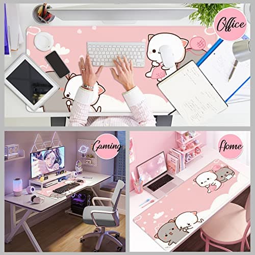 Pink Large Gaming Mouse Pad Kawaii Desk Pad XXL Cute Cat Mouse Mat 35x15.7x0.12 inch Desk Accessories (Pink Cat -2) 6