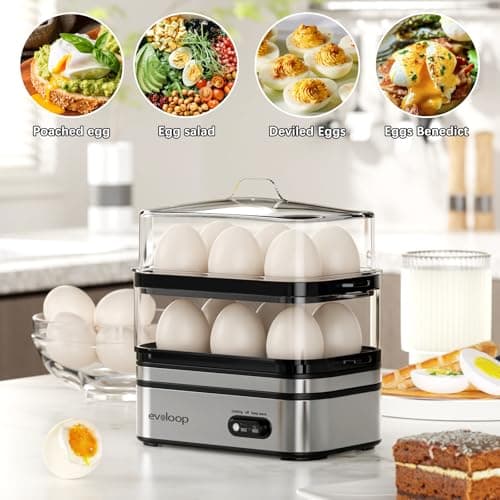Evoloop Rapid Egg Cooker Electric 12 Eggs Capacity, Soft, Medium, Hard Boiled, Poached, Omelet Maker Egg Poacher & Vegetable Steamer, BPA Free Tray 5