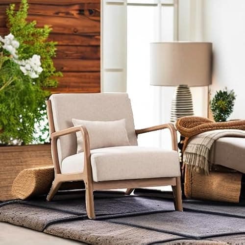 ANJ Mid Century Modern Accent Chair, Comfy Fabric Living Room Chairs with Solid Wood Frame, Lounge Reading Armchair, Easy Assembly, Beige 5