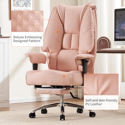 EXCEBET Big and Tall Office Chair 400lbs Wide Seat, Leather High Back Executive Office Chair with Foot Rest, Ergonomic Chairs Lumbar Support for Lower Back Pain Relief (Light Pink) 6