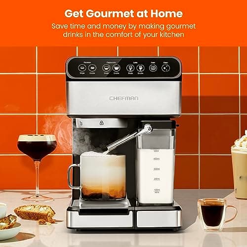 Chefman 6-in-1 Espresso Machine with Built-In Milk Frother, 15-BAR Pump, Digital Display, One-Touch Single or Double Shot for Cappuccinos and Lattes, XL 1.8-L Water Reservoir, Stainless Steel 6