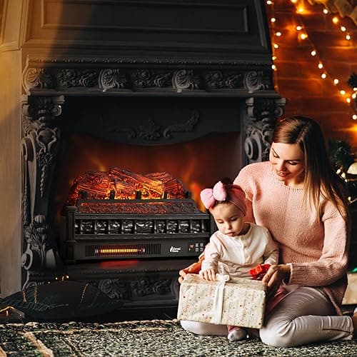 TURBRO Eternal Flame Infrared Electric Fireplace Logs, 23" Infrared Quartz, Remote Control Fireplace Insert Log Heater, Realistic Pinewood Ember Bed, Thermostat, Timer, 1500W Black 6
