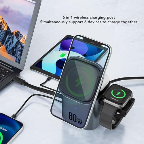 Sanpyl 6 in 1 Wireless Charging Station, GaN 80W Wireless Charging Cube with Retractable Cord Support Smartphones Headphones Charging (US Plug) 6